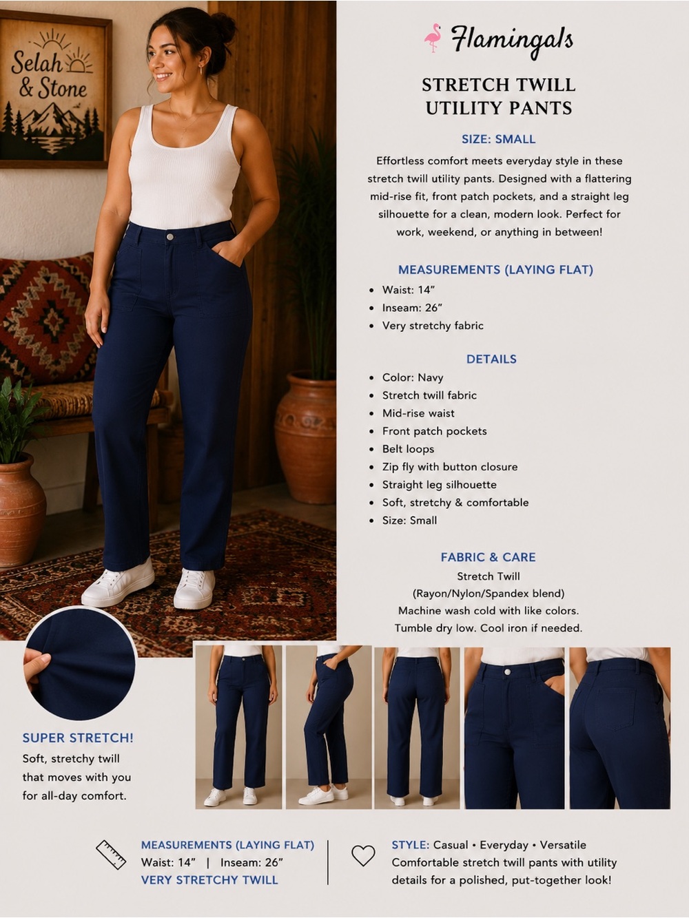 Flamingals Stretch Twill Utility Pants - Navy, Small